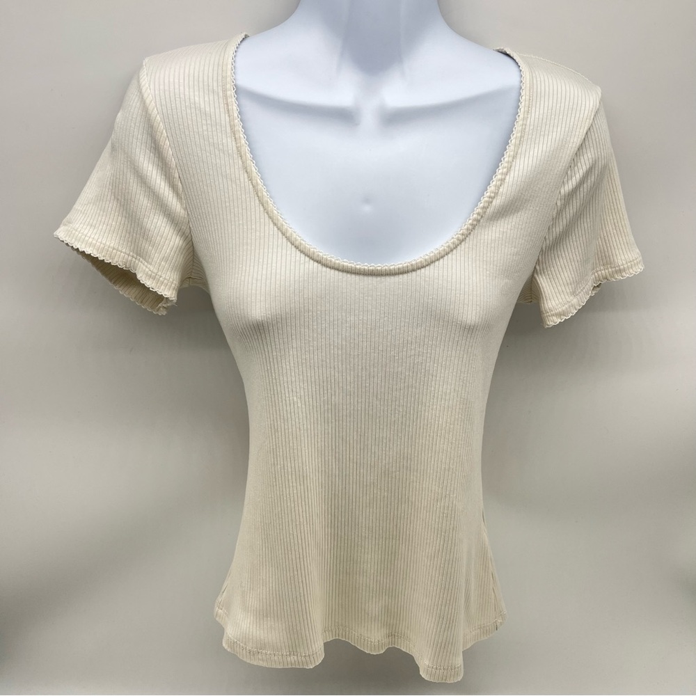 Boden Cream Short Sleeve Ribbed Deep Scoop Neckline Fitted T-Shirt Top-Size 6